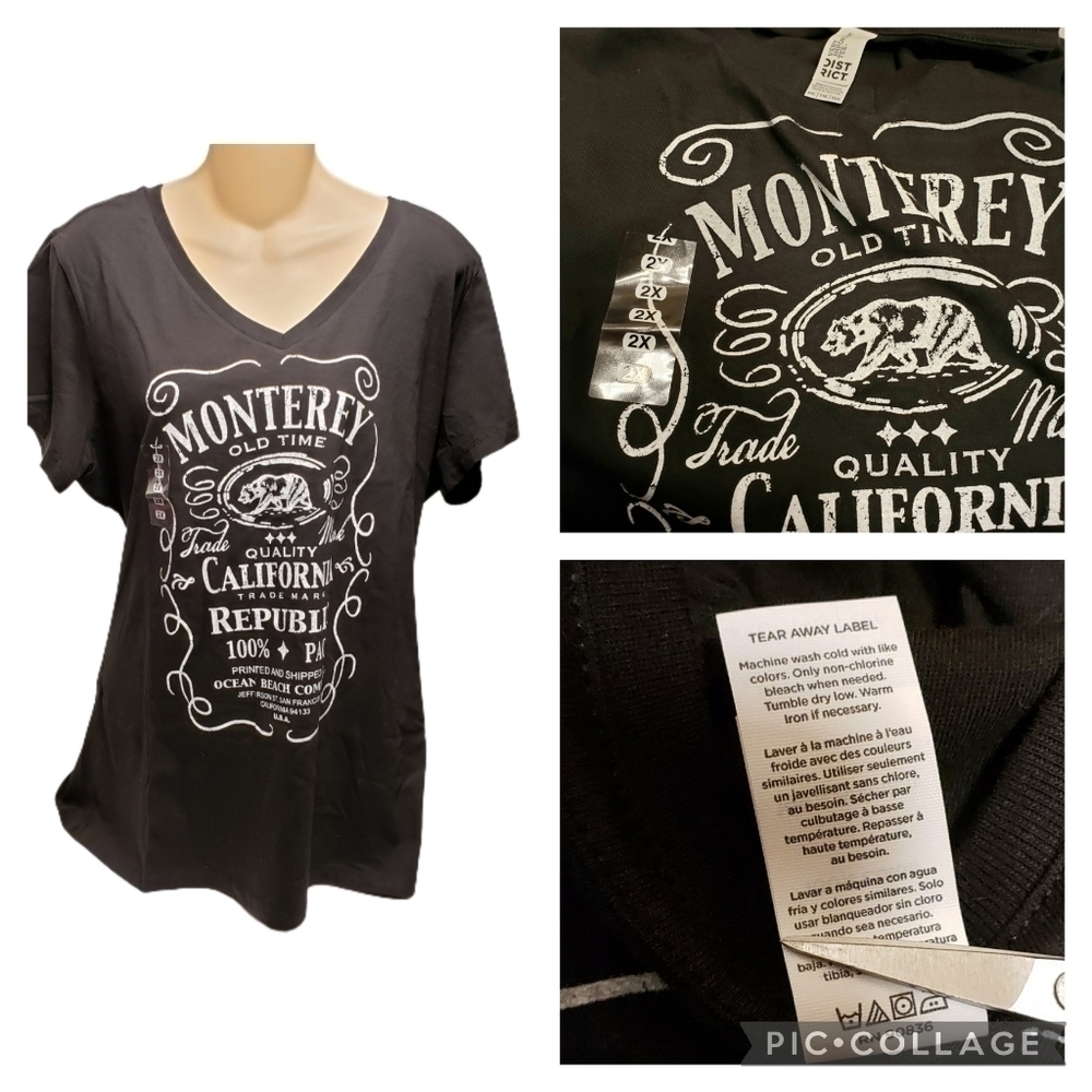Monterey California Black Ladies Cut V-Neck T-shirt New 100% Cotton